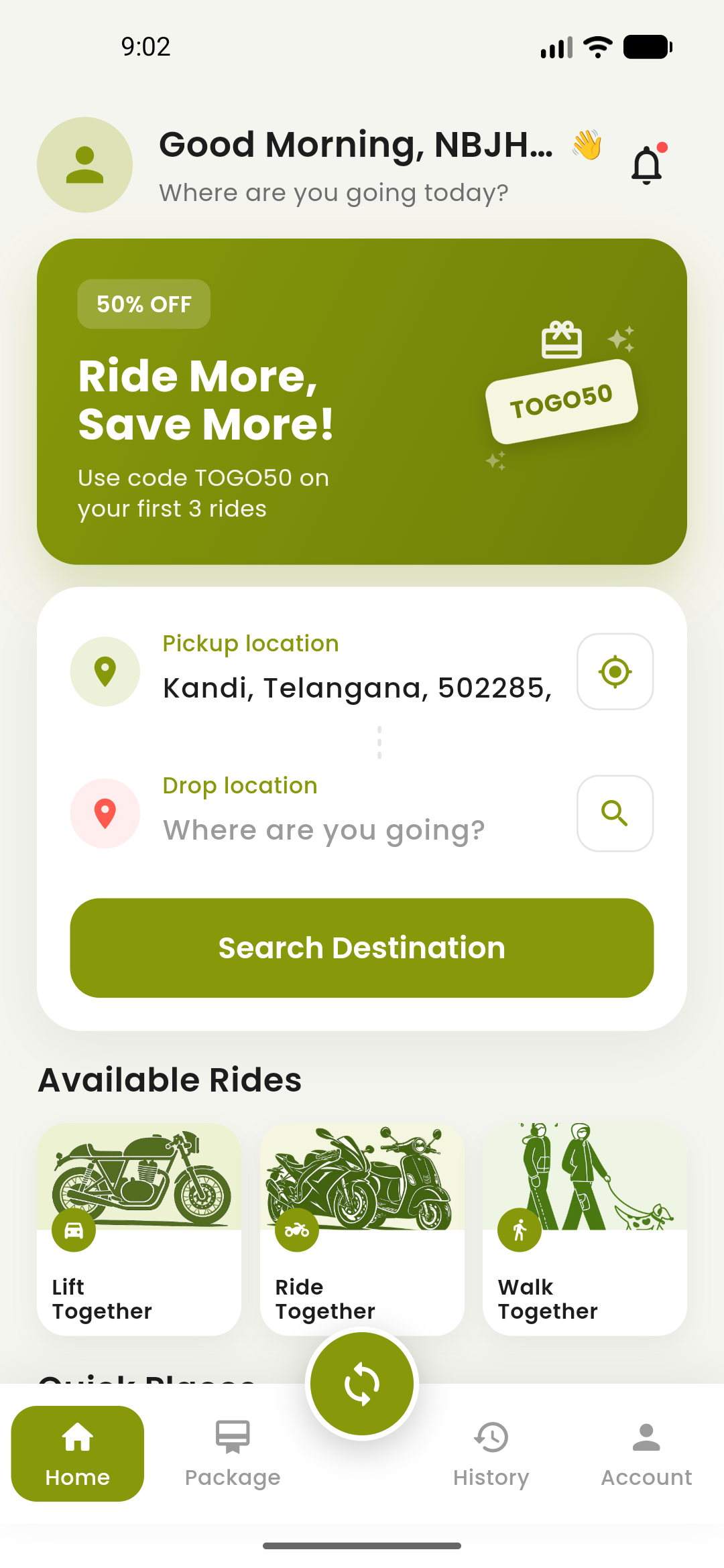 TOGO rider and driver mode selection